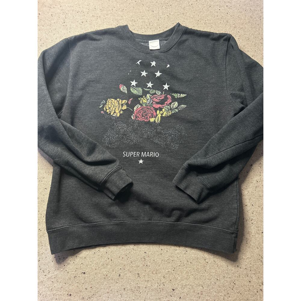 Nintendo Super Mario Sweatshirt Women's Large Floral Stars Gray